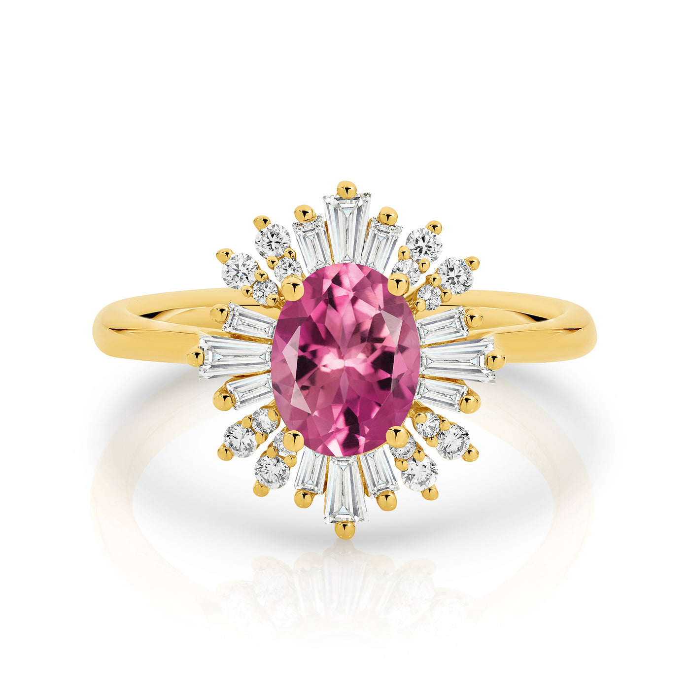 18ct yellow gold ring featuring a 1.67ct oval Pink Sapphire with a modern halo of RBC white diamonds.