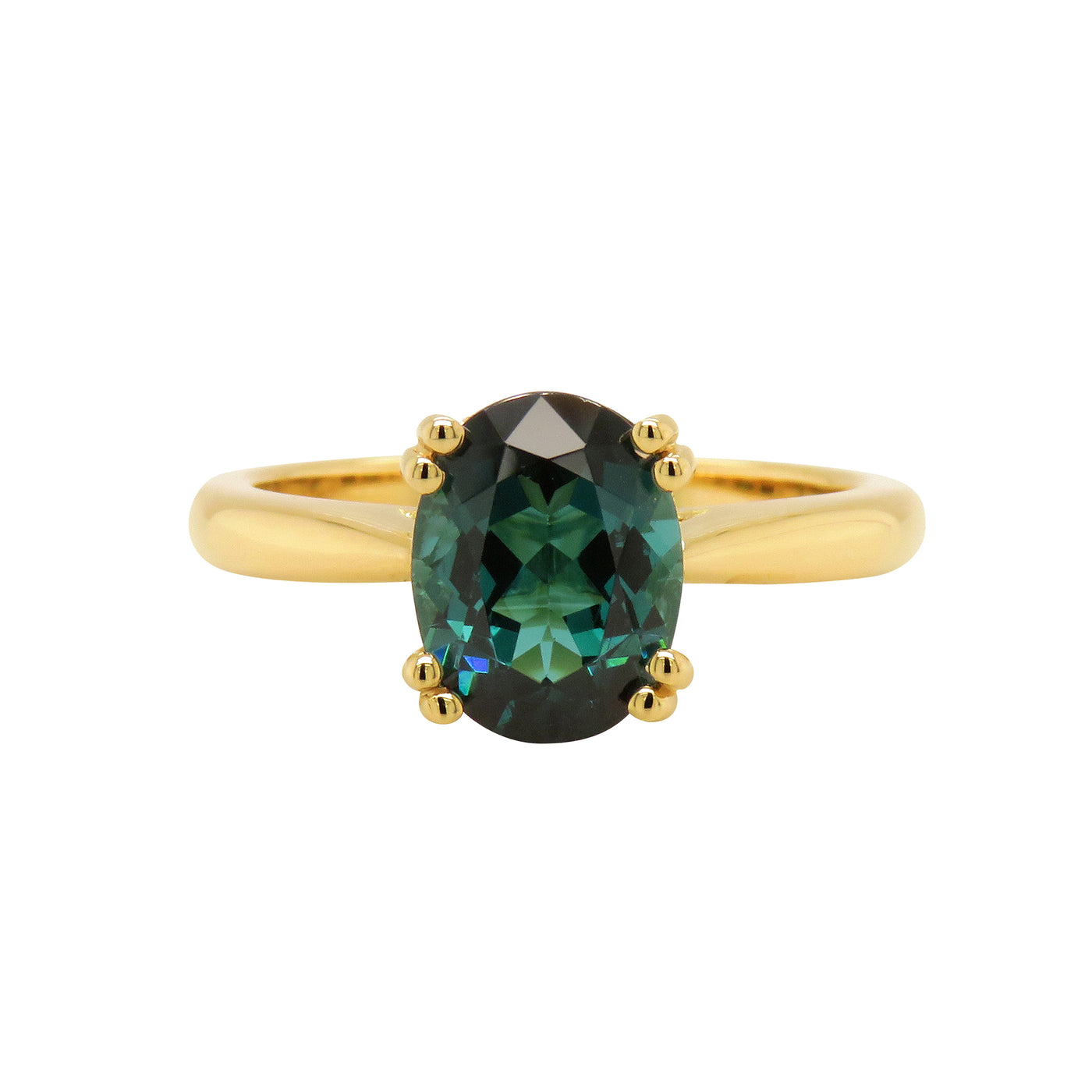 9ct yellow gold ring featuring a 9x7mm oval cut Namibia Tourmaline.