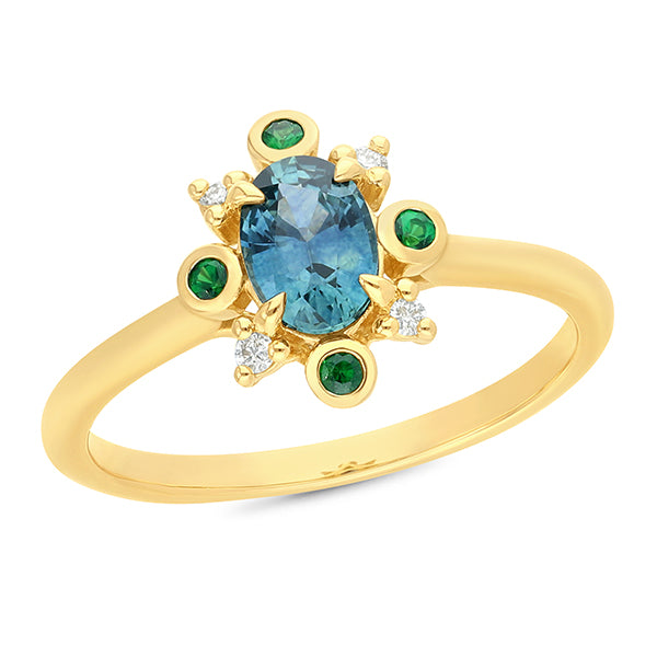 Tsavorite, Sapphire and Diamond Ring