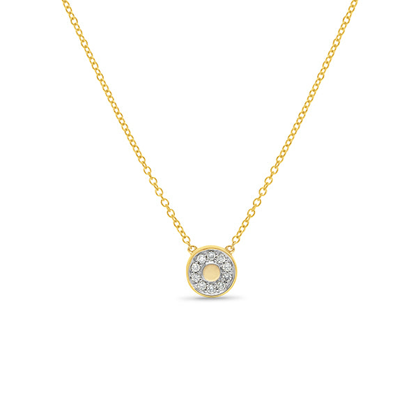 Circular channel set diamond pendant.