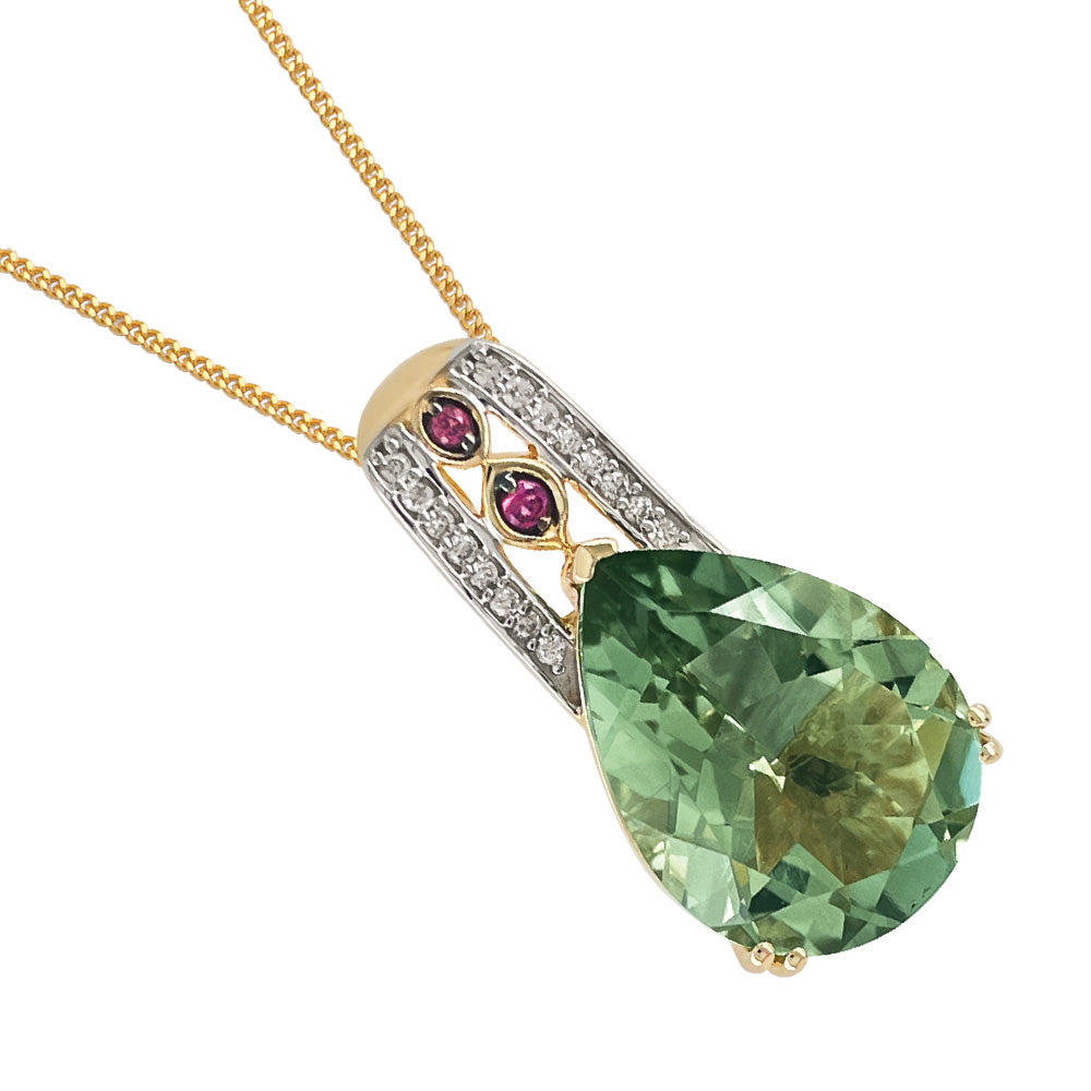 9ct YG Teardrop Mint Quartz, Rhodolite Garnet & Diamond TDW= .08pts GHSI Pendant