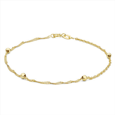 9K Yellow Gold 3mm Balls and Twist Curb Chain Bracelet 19cm