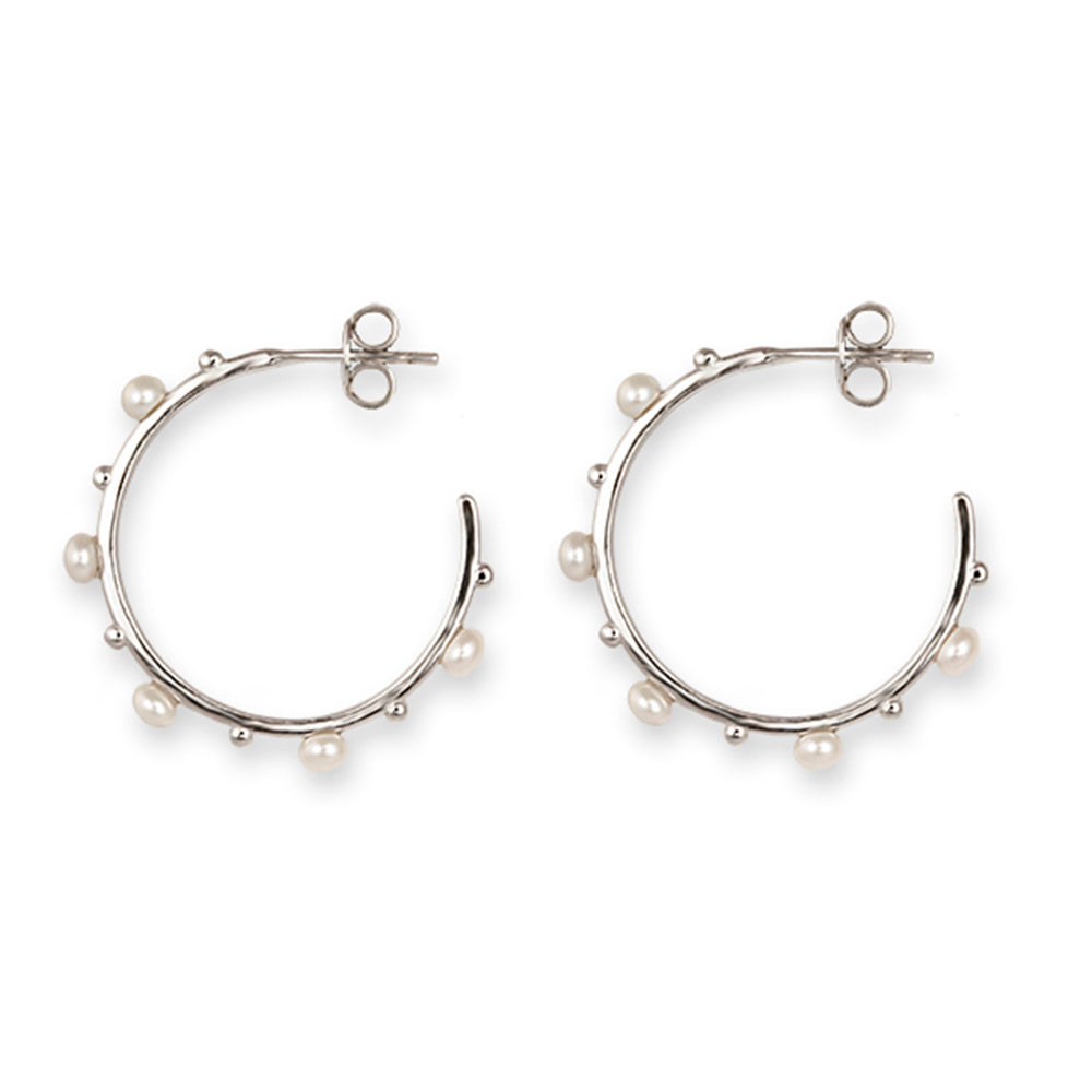 RHODIUM PLATED STERLING SILVER HOOP EARRINGS WITH FRESHWATER PEARL & BALLS