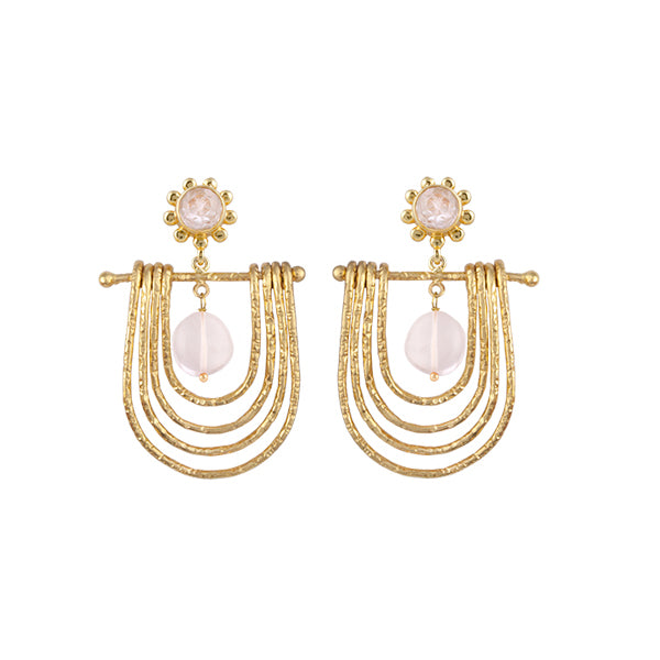 GOLD PLATED BRASS STATEMENT EARRINGS WITH ROSE QUARTZ