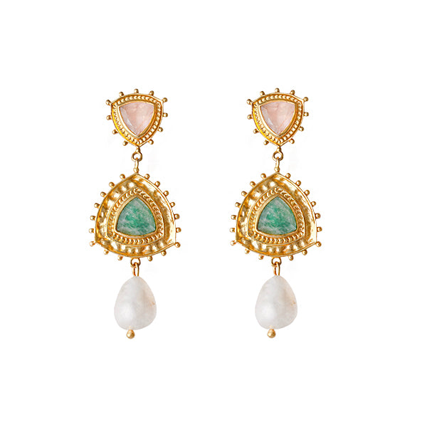 GOLD PLATED BRASS STATEMENT EARRINGS WITH ROSE QUARTZ CABASHION