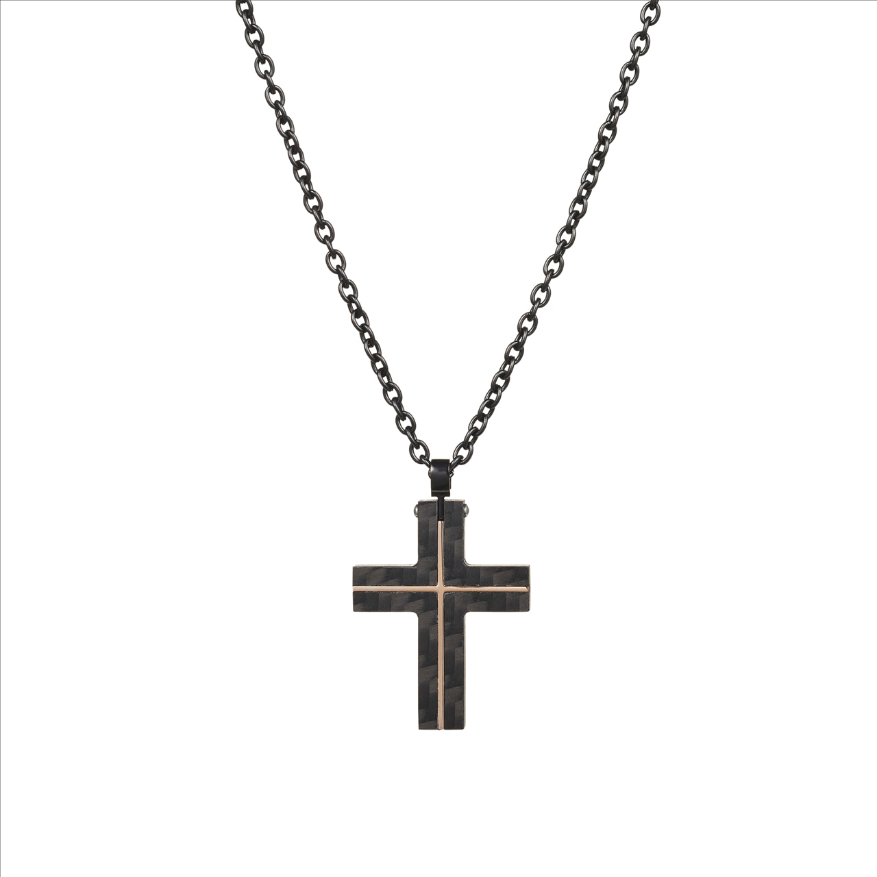 Carbon Fibre/Rose Gold Cross on IP Black Stainless Steel Chain