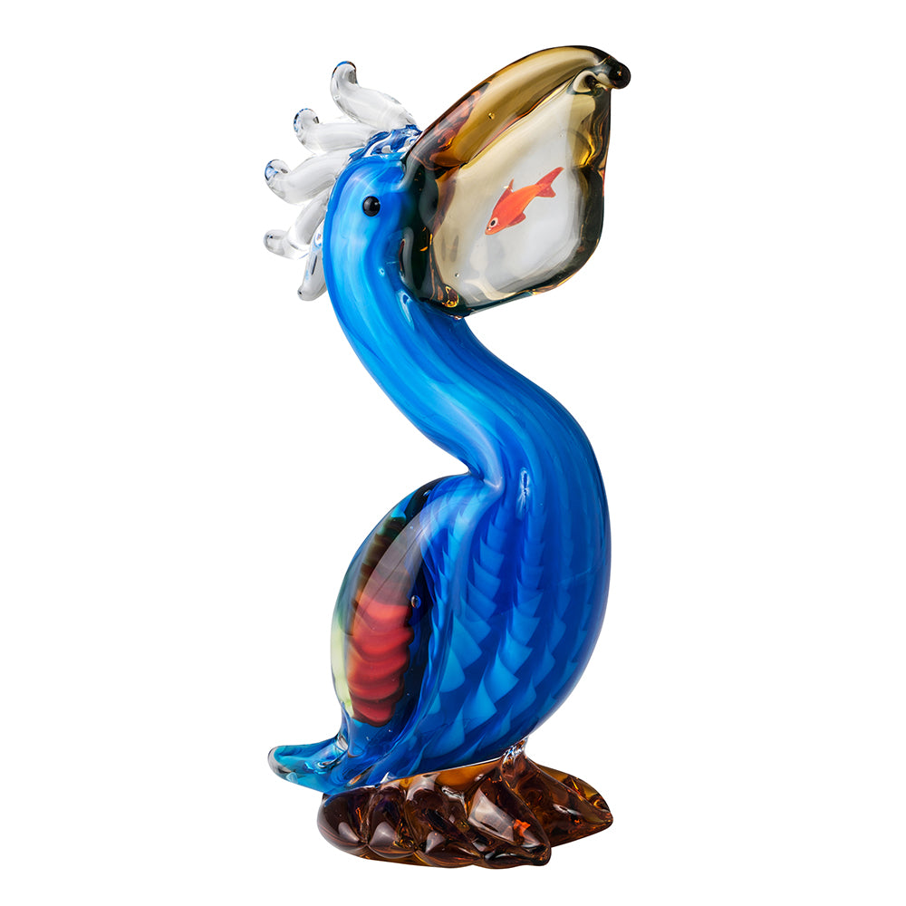 COL. GLASS PELICAN W. FISH H.25X L16CM