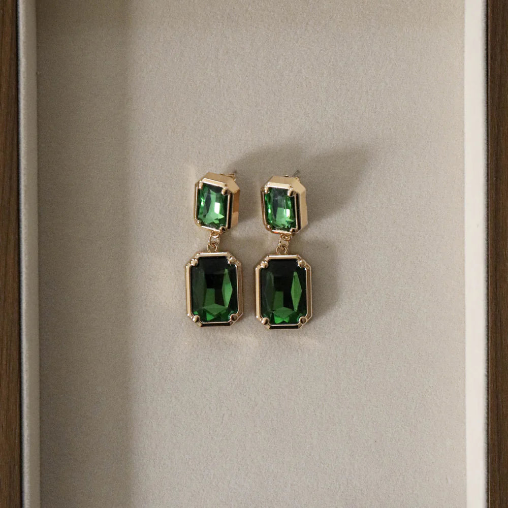 Statement Drop Earrings – Green Stones in Gold Frames