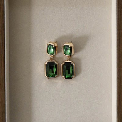 Statement Drop Earrings – Green Stones in Gold Frames