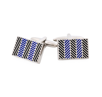 Rhodium Blue Herringbone Cufflinks