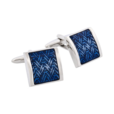 Rhodium Plated Midnight Blue Enamel Mesh Patterned Cufflinks