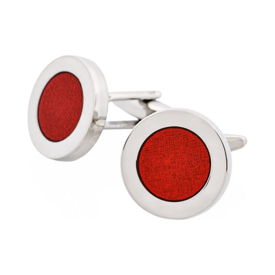 Polished Rhodium Plated Round Cufflinks with Maroon Enamel Inlay