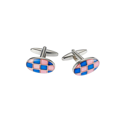 Polished Rhodium Plated Oval Cufflinks with Dark Blue & Pink Checked Resin Inlay