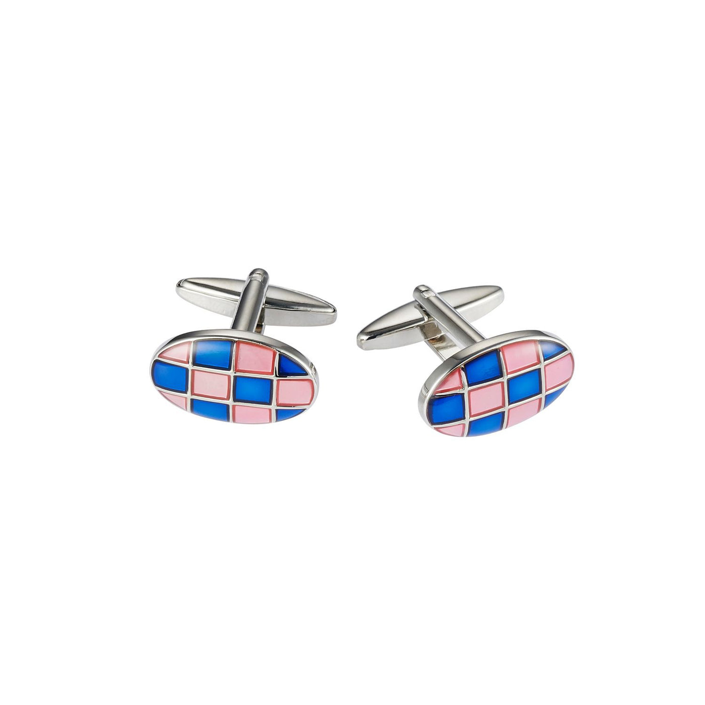 Polished Rhodium Plated Oval Cufflinks with Dark Blue & Pink Checked Resin Inlay