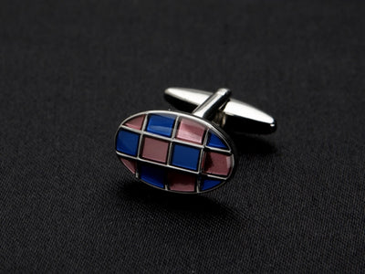 Polished Rhodium Plated Oval Cufflinks with Dark Blue & Pink Checked Resin Inlay