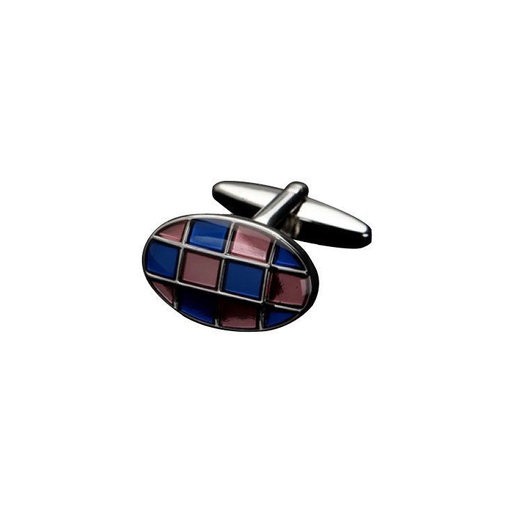Polished Rhodium Plated Oval Cufflinks with Dark Blue & Pink Checked Resin Inlay