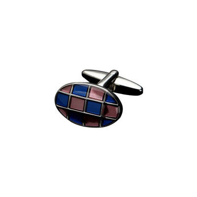 Polished Rhodium Plated Oval Cufflinks with Dark Blue & Pink Checked Resin Inlay