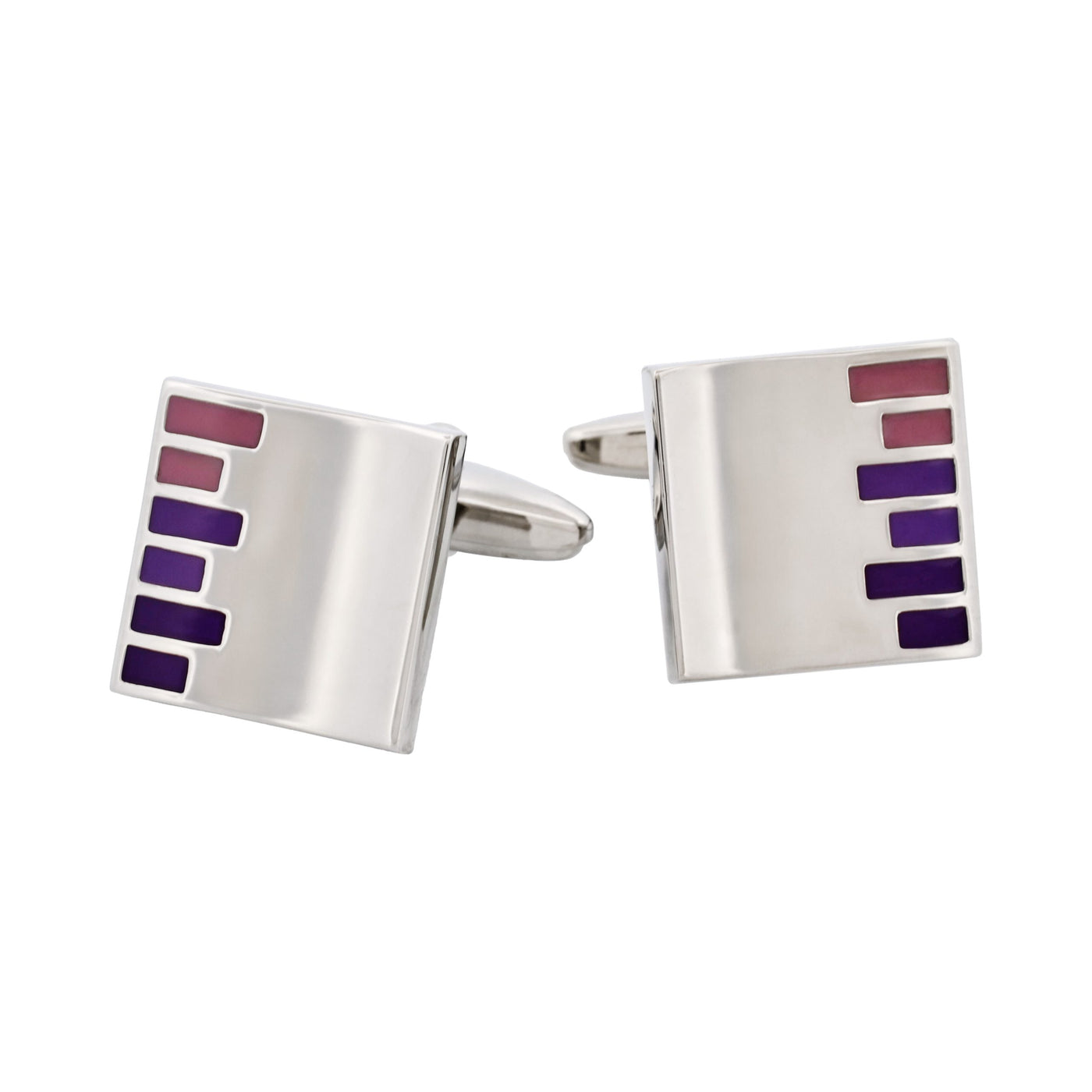 Polished Rhodium Plated Square Cufflinks with Purple & Pink Bars Enamel Inlay