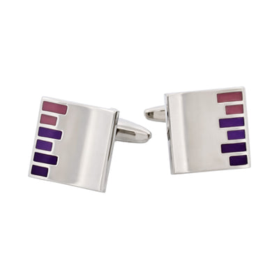 Polished Rhodium Plated Square Cufflinks with Purple & Pink Bars Enamel Inlay