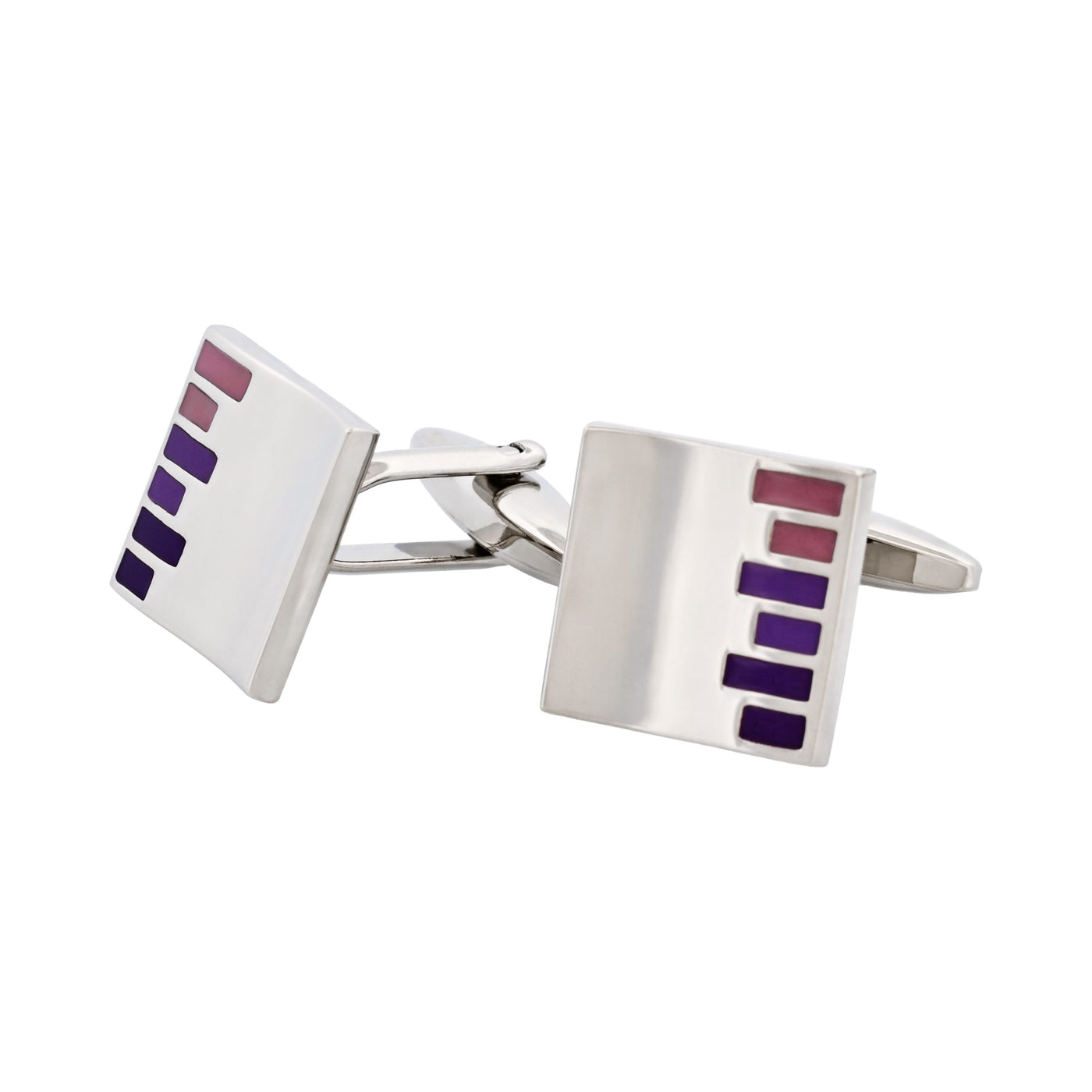 Polished Rhodium Plated Square Cufflinks with Purple & Pink Bars Enamel Inlay