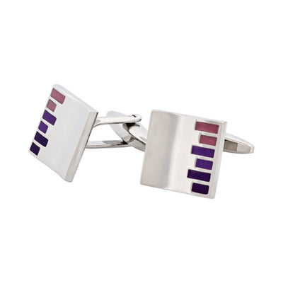 Polished Rhodium Plated Square Cufflinks with Purple & Pink Bars Enamel Inlay