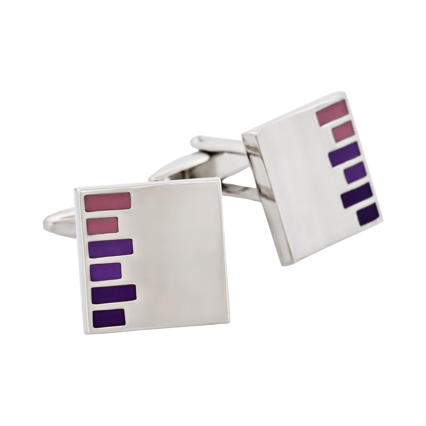 Polished Rhodium Plated Square Cufflinks with Purple & Pink Bars Enamel Inlay
