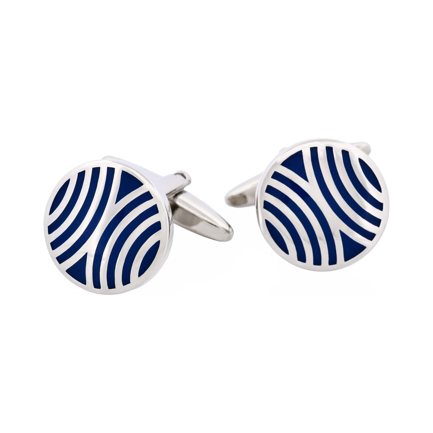 Polished Rhodium Plated Navy Radio Wave Pattern Enamel Round Cufflinks