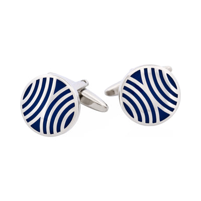 Polished Rhodium Plated Navy Radio Wave Pattern Enamel Round Cufflinks