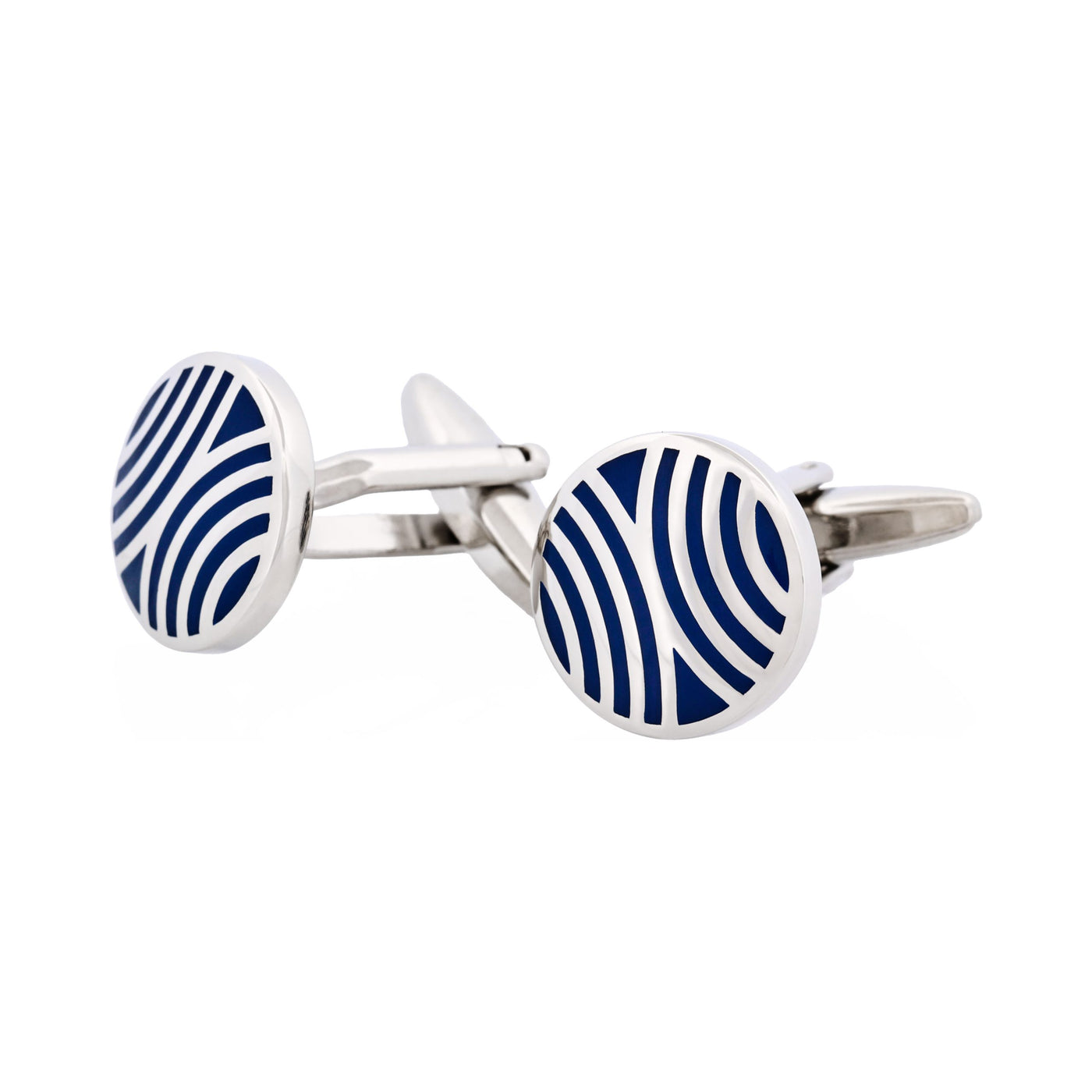 Polished Rhodium Plated Navy Radio Wave Pattern Enamel Round Cufflinks