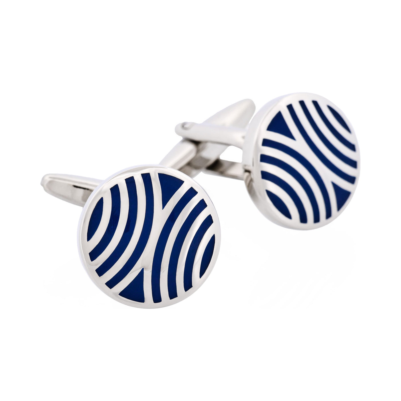 Polished Rhodium Plated Navy Radio Wave Pattern Enamel Round Cufflinks