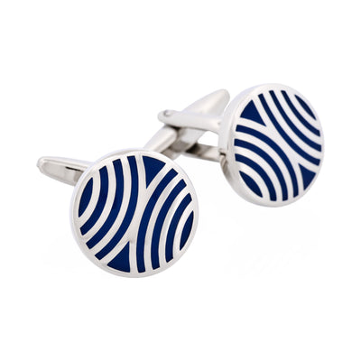 Polished Rhodium Plated Navy Radio Wave Pattern Enamel Round Cufflinks