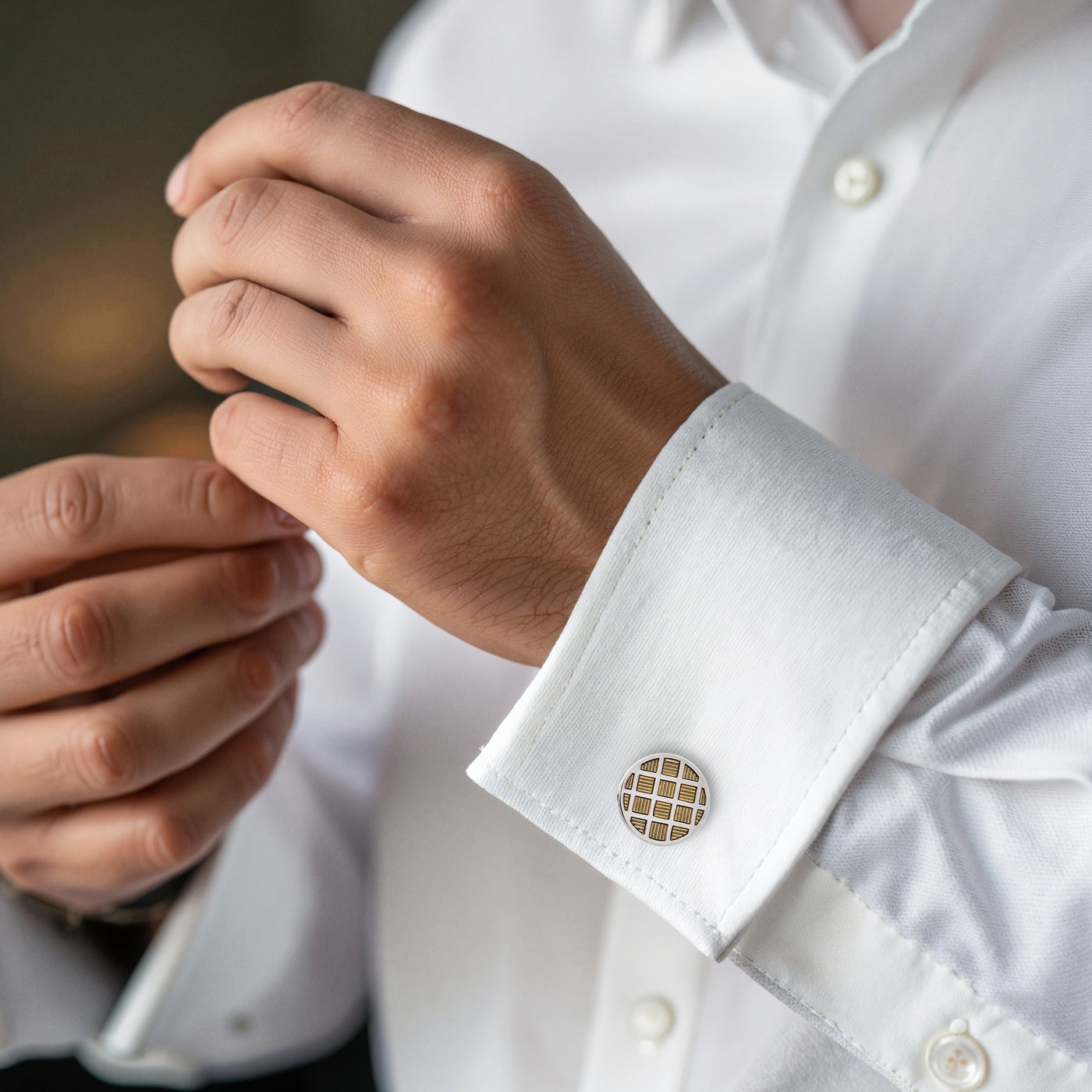 Light Grey Check Enamel Round Cufflinks