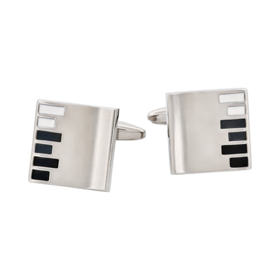 Black White Grey Bar Pattern Rhodium Plated Square Cufflinks