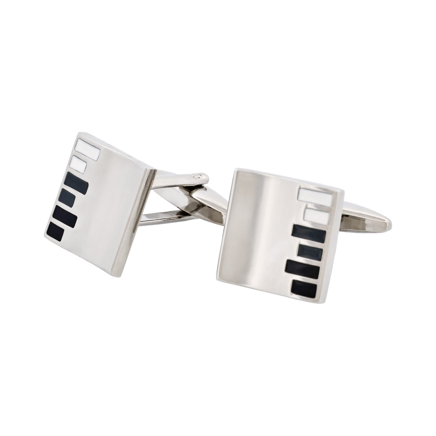 Black White Grey Bar Pattern Rhodium Plated Square Cufflinks