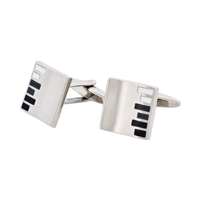 Black White Grey Bar Pattern Rhodium Plated Square Cufflinks