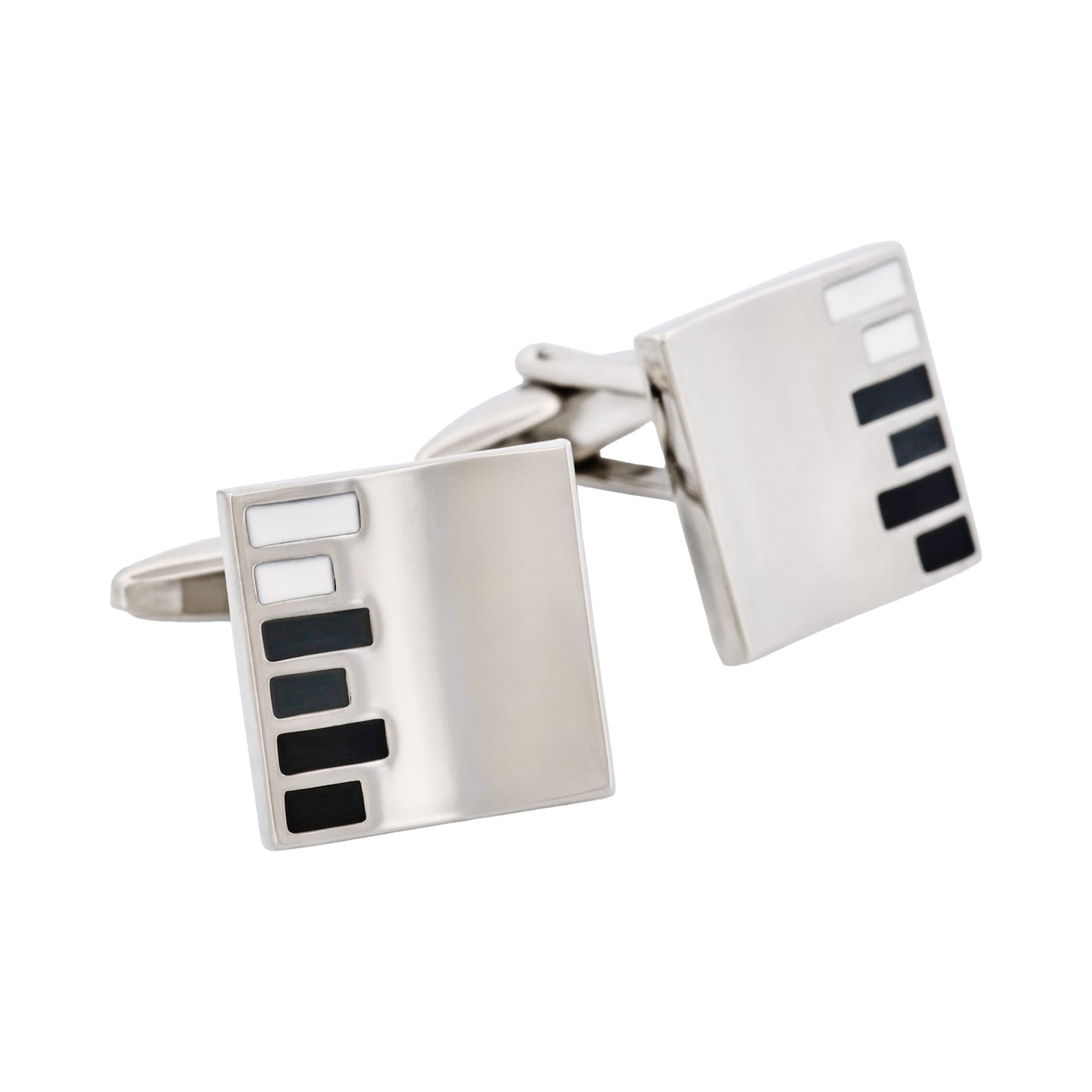 Black White Grey Bar Pattern Rhodium Plated Square Cufflinks