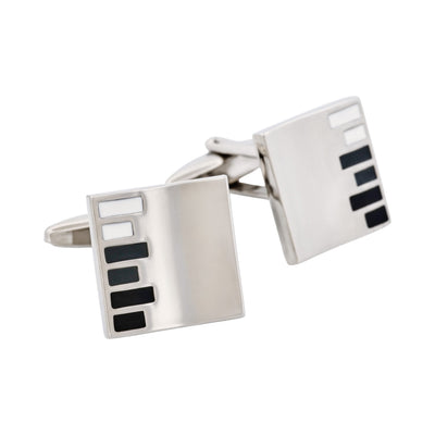 Black White Grey Bar Pattern Rhodium Plated Square Cufflinks