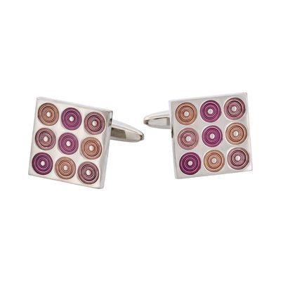 Polished Rhodium Plated Square Cufflinks with 9 Mauve To Purple Inlaid Circles