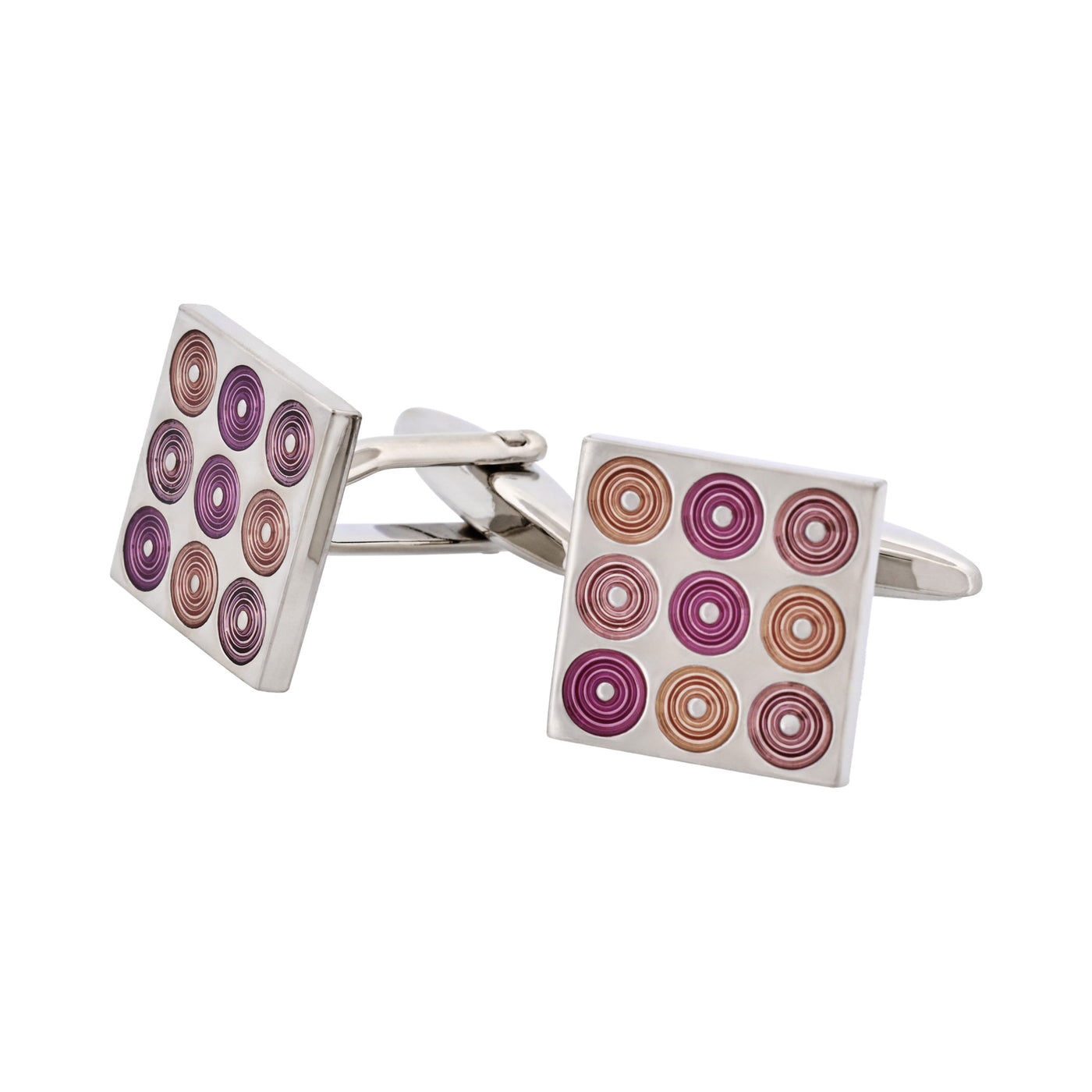 Polished Rhodium Plated Square Cufflinks with 9 Mauve To Purple Inlaid Circles