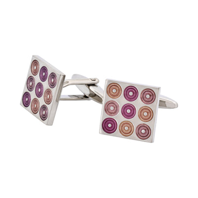 Polished Rhodium Plated Square Cufflinks with 9 Mauve To Purple Inlaid Circles
