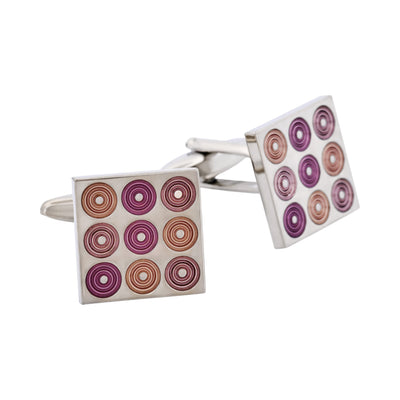 Polished Rhodium Plated Square Cufflinks with 9 Mauve To Purple Inlaid Circles