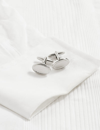 Rhodium Plated Oval Herringbone Patterned Cufflinks