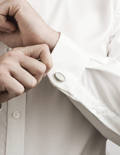 Rhodium Plated Oval Herringbone Patterned Cufflinks