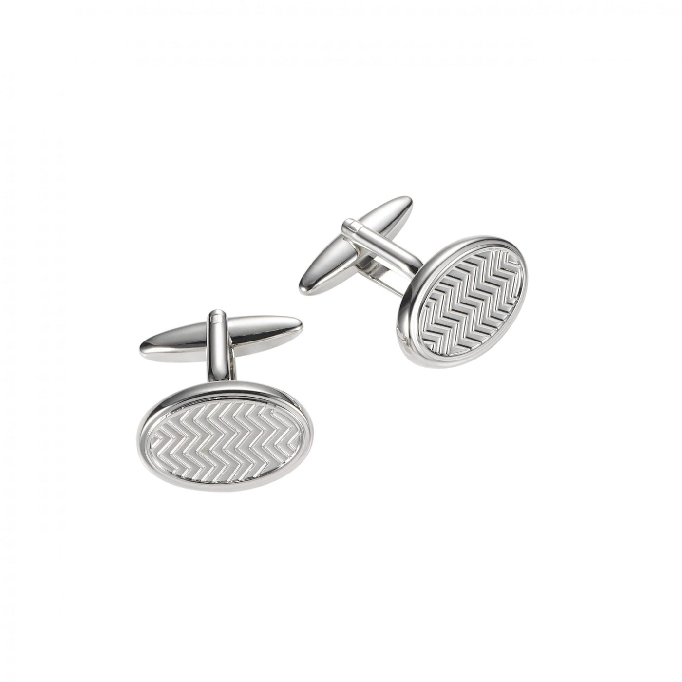 Rhodium Plated Oval Herringbone Patterned Cufflinks