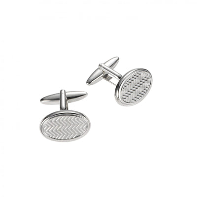 Rhodium Plated Oval Herringbone Patterned Cufflinks