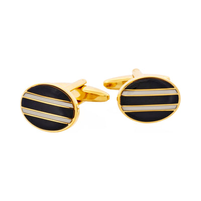 Gold Plated & Black & White Enamel Oval Cufflinks