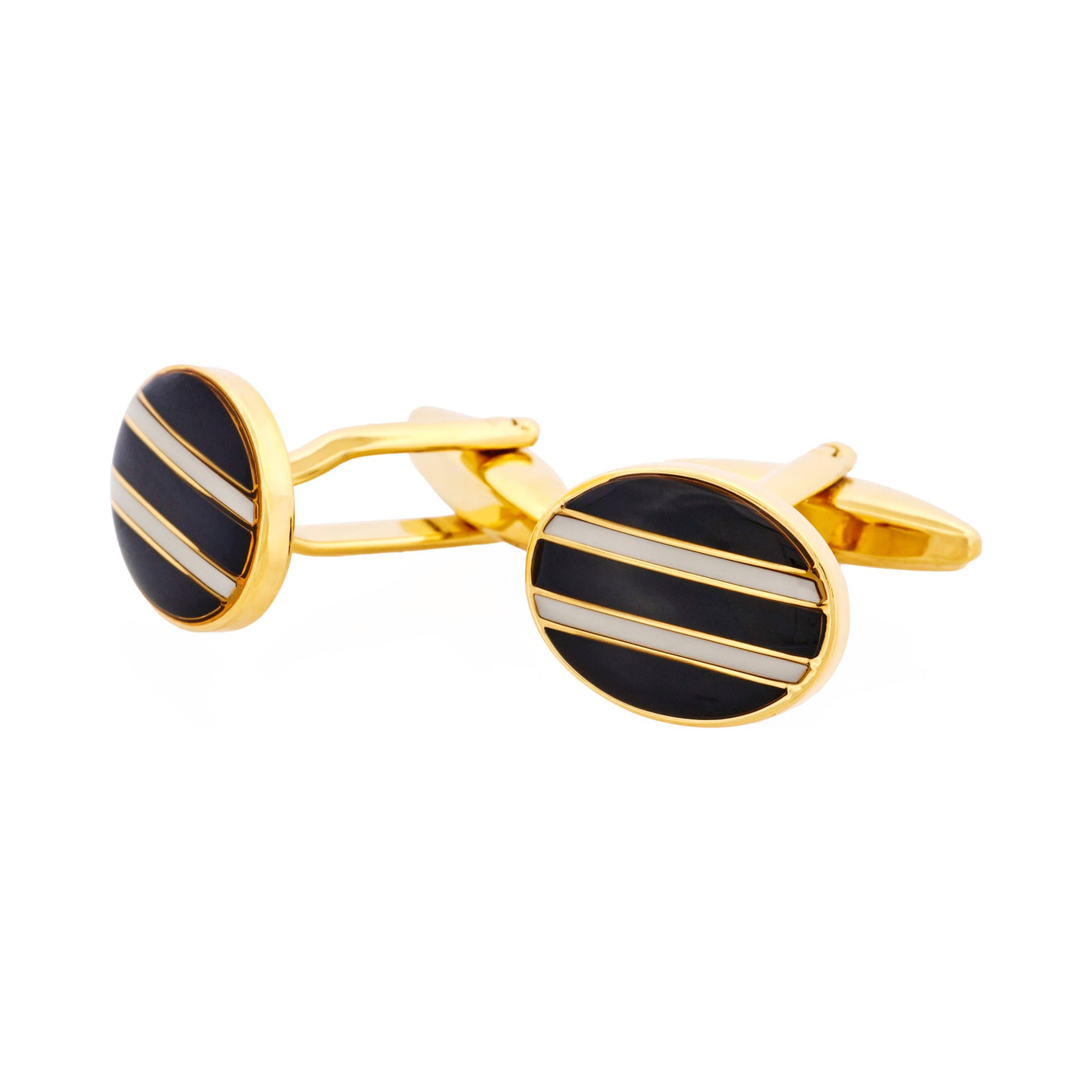 Gold Plated & Black & White Enamel Oval Cufflinks
