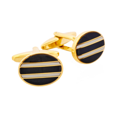 Gold Plated & Black & White Enamel Oval Cufflinks