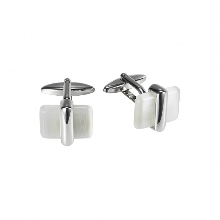Polished Rhodium Plated Metal & White Cat’s Eye Cufflinks