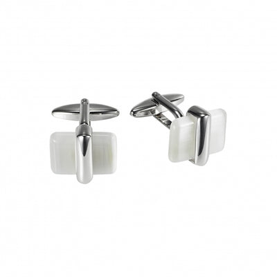 Polished Rhodium Plated Metal & White Cat’s Eye Cufflinks